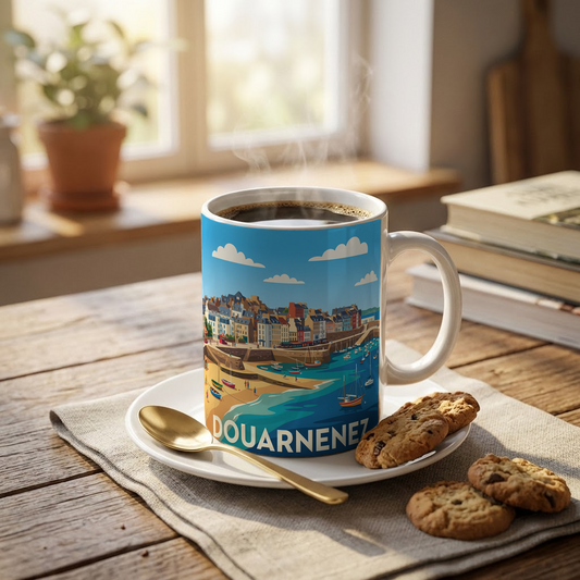 Mug souvenir de la ville de Douarnenez avec une illustration stylisée de son front de mer coloré.