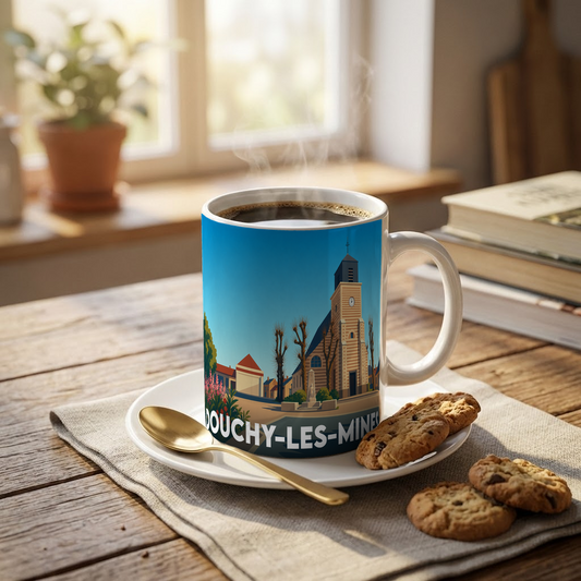 Mug souvenir de la ville de Douchy-les-Mines avec une illustration stylisée de son église et de son paysage urbain.