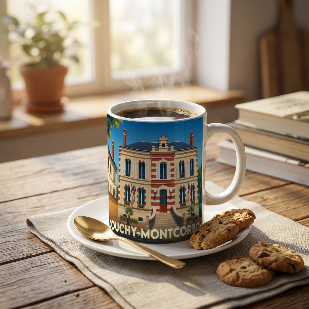 Mug souvenir de la ville de Douchy-Montcorbon avec une illustration stylisée d'un bâtiment historique.