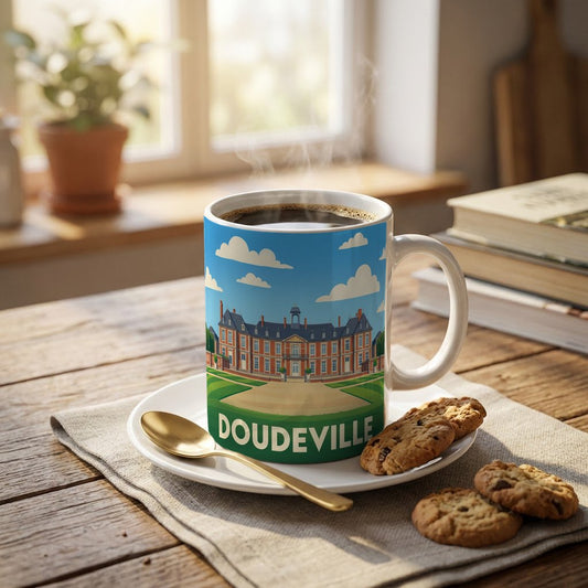Mug souvenir de la ville de Doudeville avec une illustration stylisée.