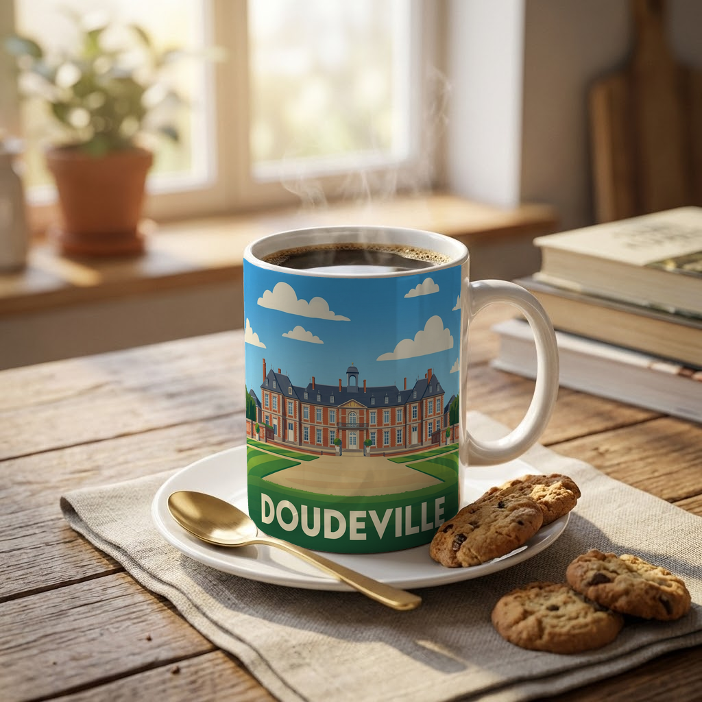 Mug souvenir de la ville de Doudeville avec une illustration stylisée.