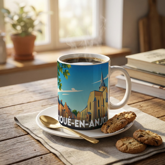 Mug souvenir de la ville de Doué-en-Anjou avec une illustration stylisée d'une église et de maisons.