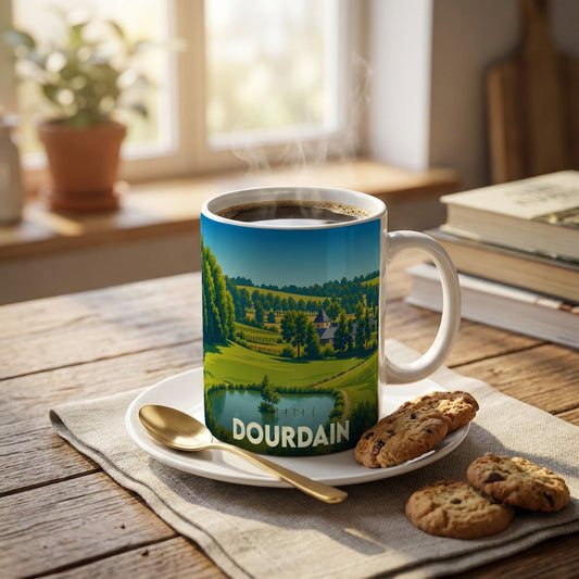 Mug souvenir de la ville de Dourdain orné d'une illustration bucolique stylisée.