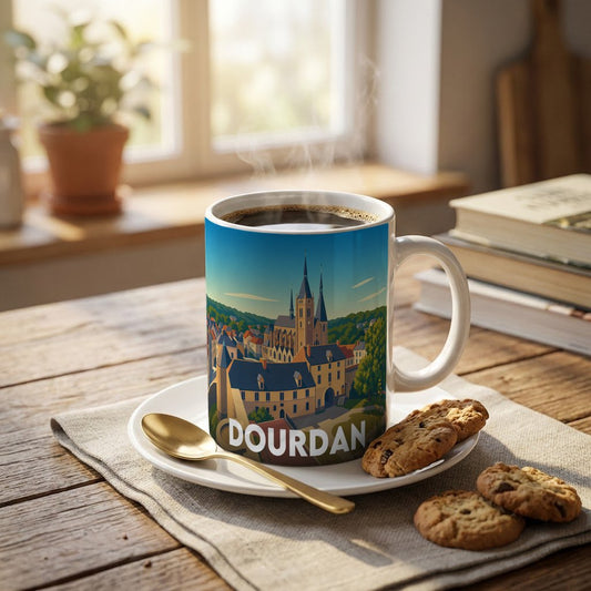 Mug souvenir de la ville de Dourdan avec une illustration stylisée et colorée.