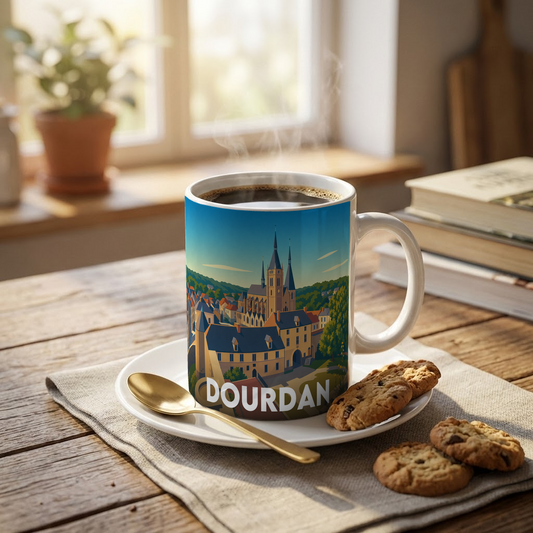 Mug souvenir de la ville de Dourdan avec une illustration stylisée et colorée.