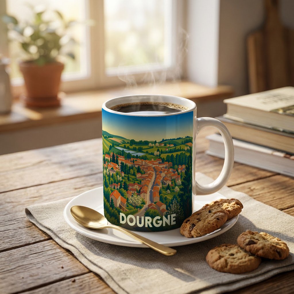 Mug souvenir de la ville de Dourgne orné d'une illustration paysagère stylisée.