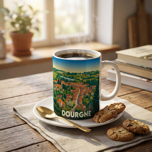 Mug souvenir de la ville de Dourgne orné d'une illustration paysagère stylisée.