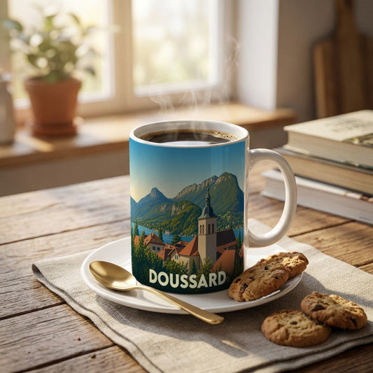 Mug souvenir de la ville de Doussard orné d'une illustration stylisée de son paysage montagneux et de son église.