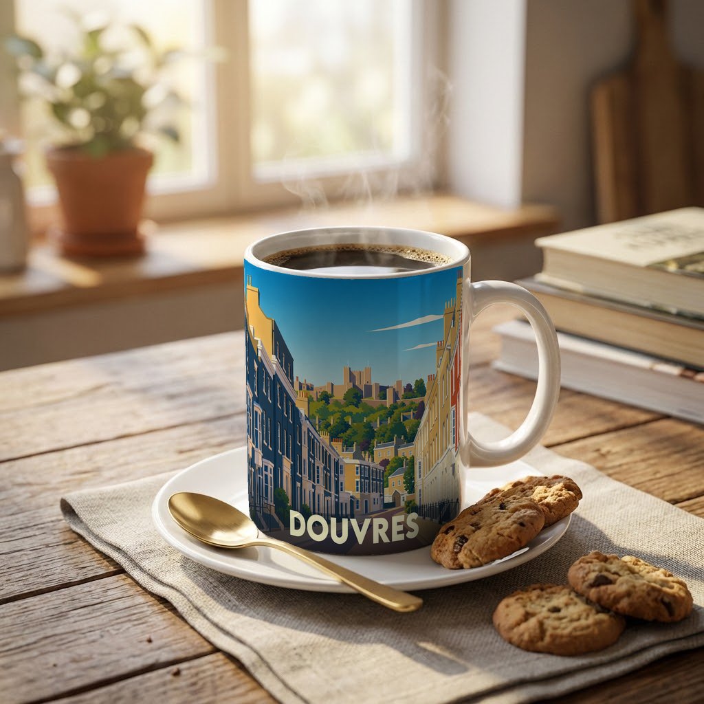 Mug souvenir de la ville de Douvres illustré d'un paysage urbain stylisé.