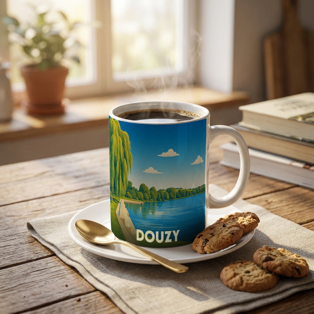 Mug souvenir de la ville de Douzy illustré d'un paysage de lac paisible au style rétro.
