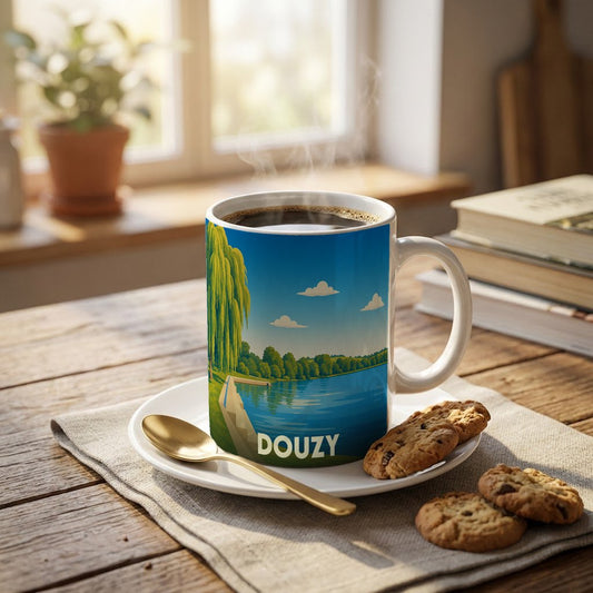 Mug souvenir de la ville de Douzy illustré d'un paysage de lac paisible au style rétro.