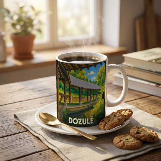 Mug souvenir de la ville de Dozulé orné d'une illustration stylisée représentant un lavoir couvert.