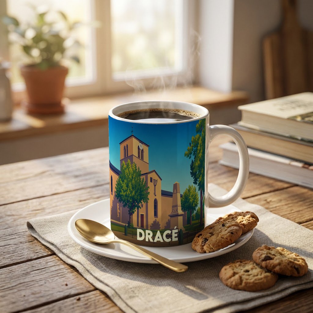 Mug souvenir de la ville de Dracé orné d'une illustration stylisée de son église et d'un monument.