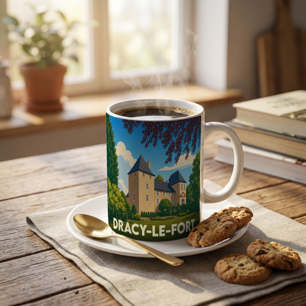Mug souvenir de la ville de Dracy-le-Fort avec une illustration stylisée d'un château.