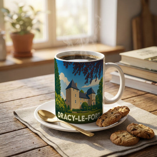 Mug souvenir de la ville de Dracy-le-Fort avec une illustration stylisée d'un château.