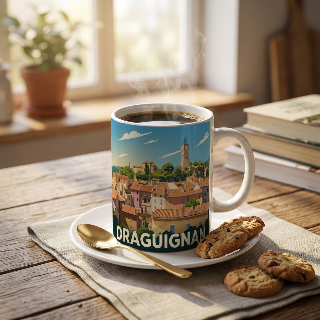 Mug souvenir de la ville de Draguignan avec une illustration stylisée.