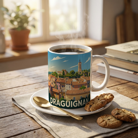 Mug souvenir de la ville de Draguignan avec une illustration stylisée.
