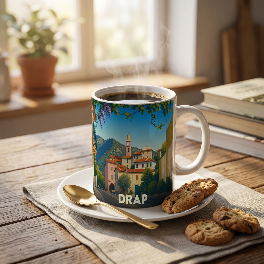 Mug souvenir de la ville de Drap orné d'une illustration stylisée d'un village provençal.