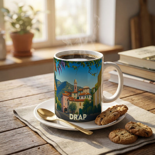 Mug souvenir de la ville de Drap avec une illustration stylisée d'un paysage urbain provençal.
