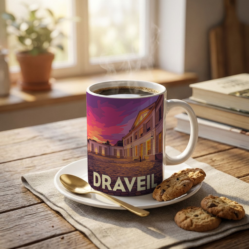Mug souvenir de la ville de Draveil avec une illustration stylisée.