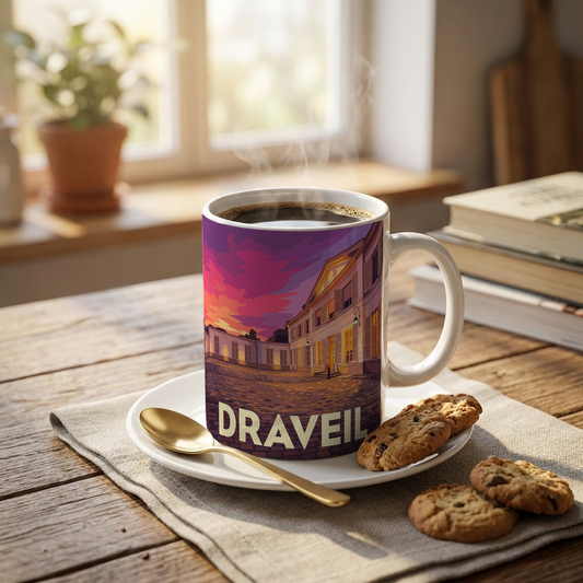 Mug souvenir de la ville de Draveil avec une illustration stylisée.