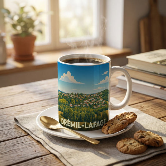 Mug souvenir de la ville de Drémil-Lafage avec une illustration paysagère stylisée.