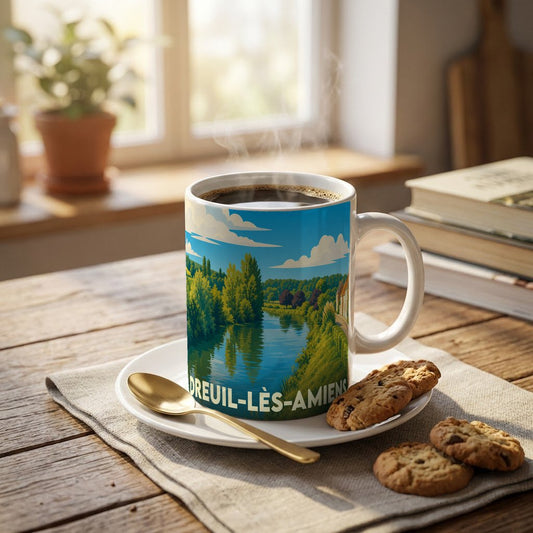Mug souvenir de la ville de Dreuil-lès-Amiens orné d'une illustration paysagère stylisée.