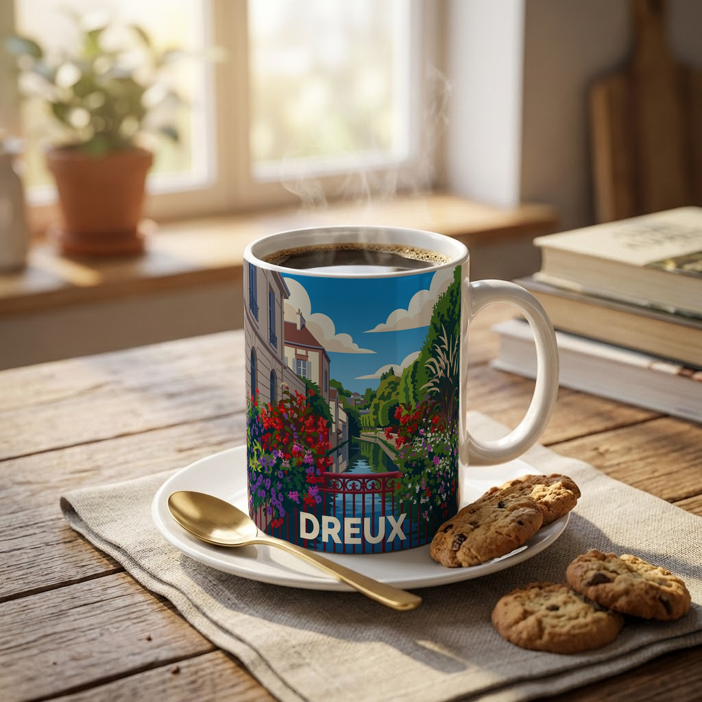 Mug souvenir de la ville de Dreux avec une illustration stylisée d'un paysage urbain fleuri.