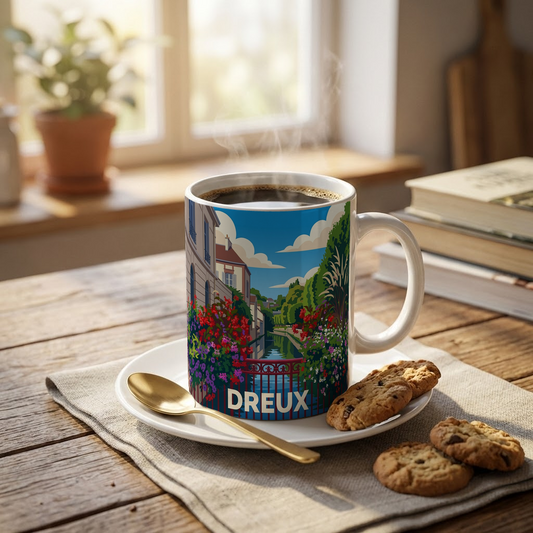 Mug souvenir de la ville de Dreux avec une illustration stylisée d'un paysage urbain fleuri.