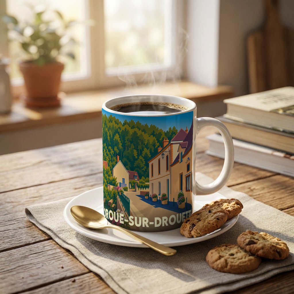 Mug souvenir de la ville de Droue-sur-Drouette avec une illustration stylisée d'un village pittoresque.