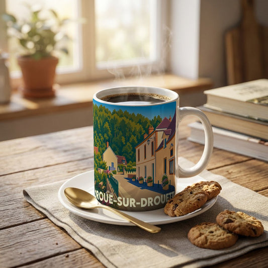 Mug souvenir de la ville de Droue-sur-Drouette avec une illustration stylisée d'un village pittoresque.