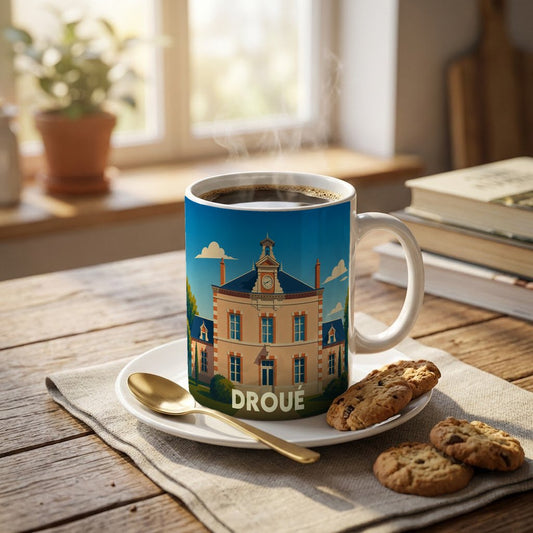 Mug souvenir de la ville de Droué illustré par son hôtel de ville stylisé sur une table avec café et biscuits.