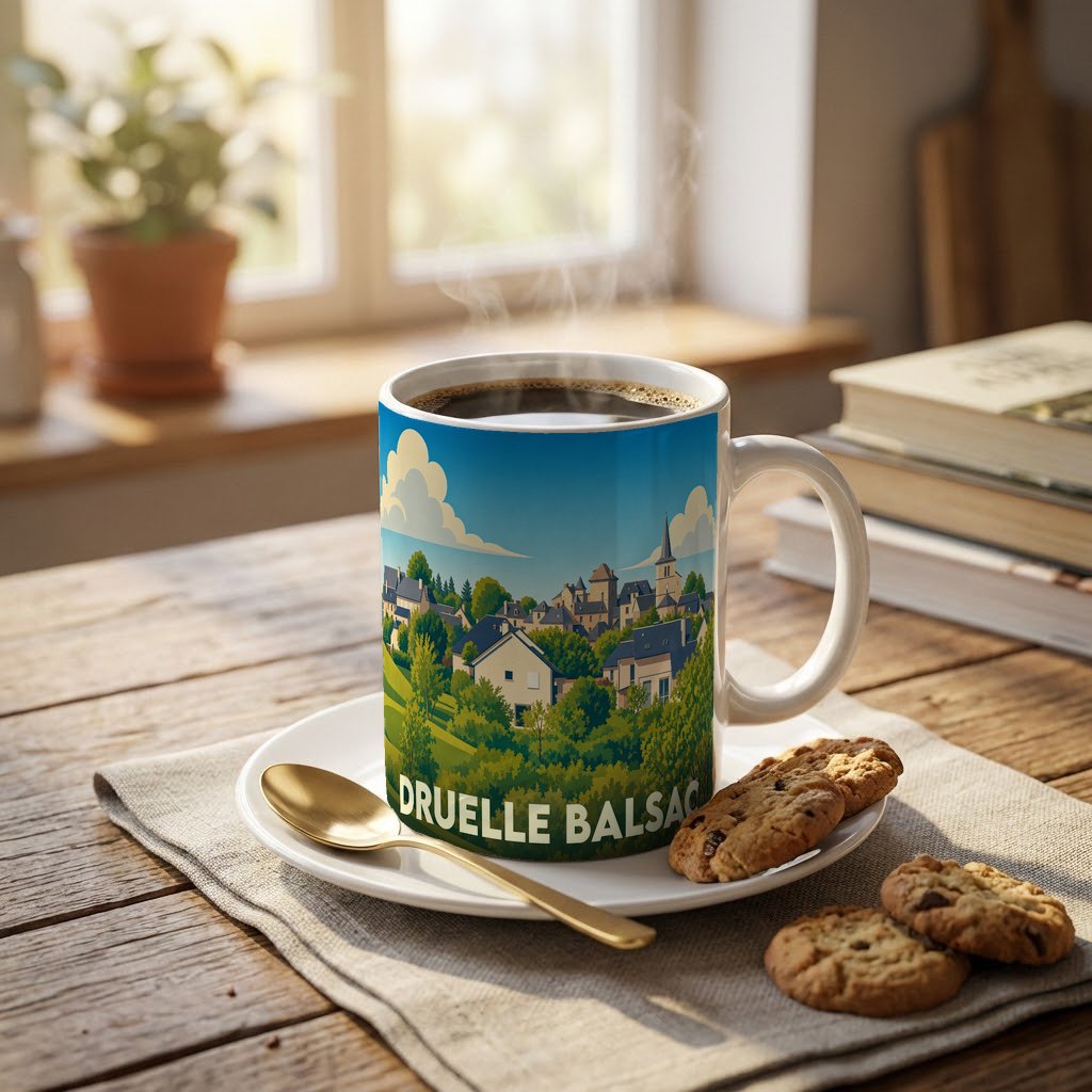 Mug souvenir de la ville de Druelle Balsac orné d'une illustration stylisée de son paysage urbain.