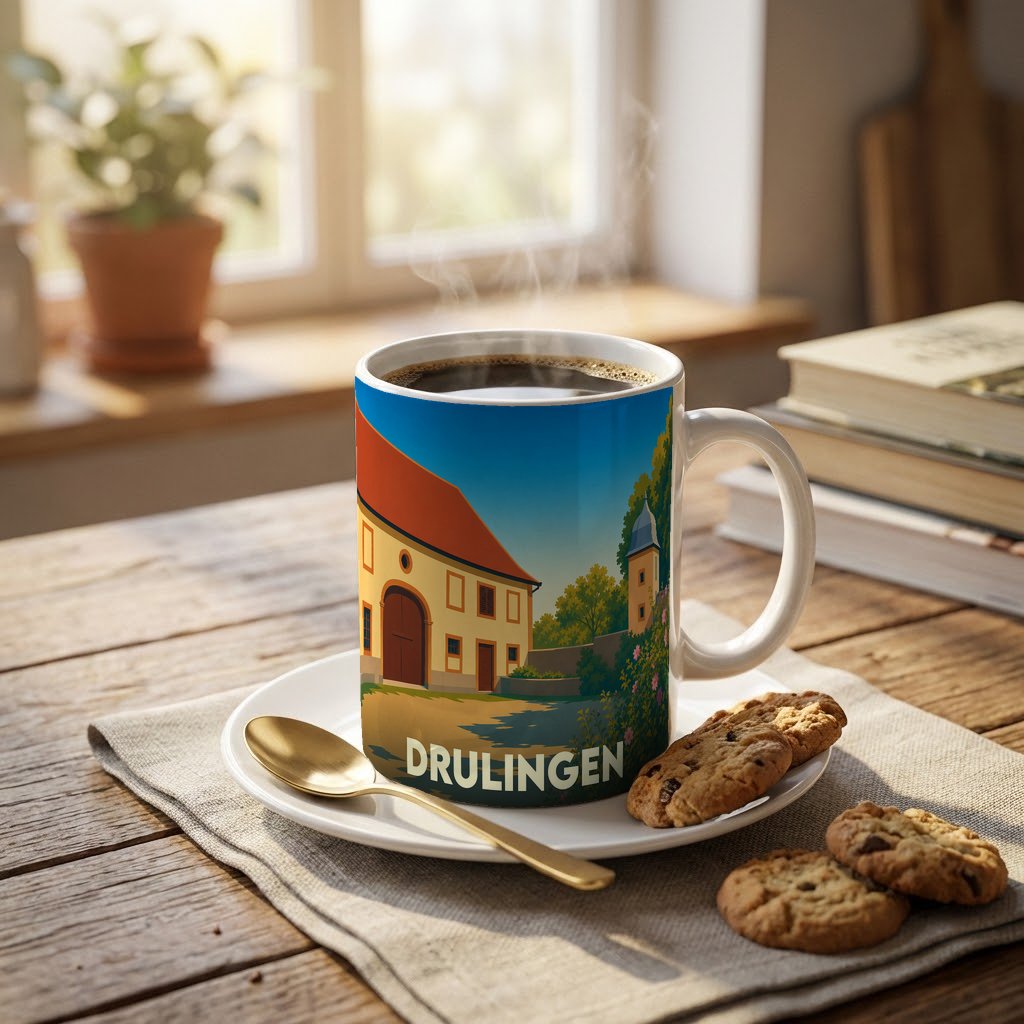 Mug souvenir de la ville de Drulingen orné d'une illustration stylisée de son patrimoine local.