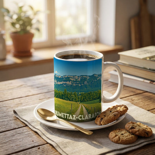 Mug souvenir de la ville de Drumettaz-Clarafond avec une illustration stylisée de paysages montagneux.