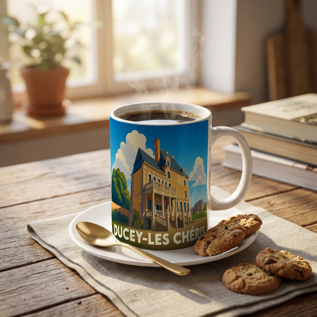 Mug souvenir de la ville de Ducey-Les Chéris orné d'une illustration stylisée de son château.