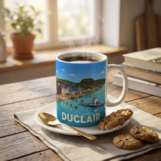 Mug souvenir de la ville de Duclair avec une illustration stylisée.