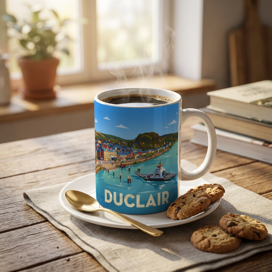 Mug souvenir de la ville de Duclair avec une illustration stylisée.