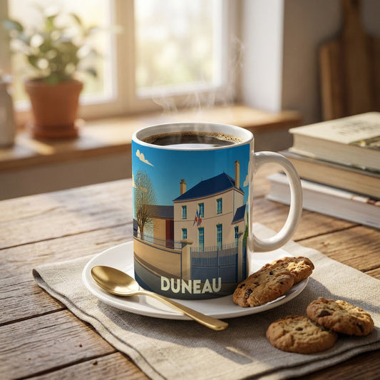 Mug souvenir de la ville de Duneau orné d'une illustration stylisée d'un bâtiment typique.