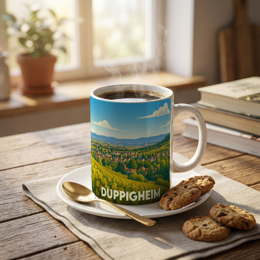 Mug souvenir de la ville de Duppigheim illustré d'un paysage de vignobles et de maisons alsaciennes.