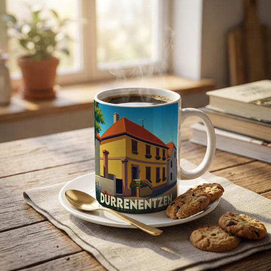Mug souvenir de la ville de Durrenentzen illustré d'une maison alsacienne stylisée.