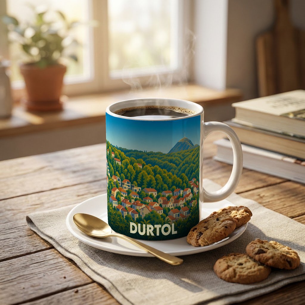 Mug souvenir de la ville de Durtol avec une illustration stylisée de ses maisons et du Puy de Dôme.