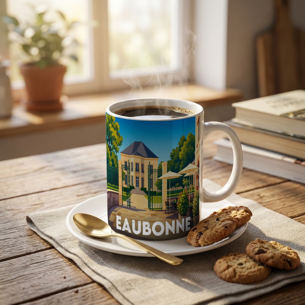 Mug souvenir de la ville d'Eaubonne orné d'une illustration stylisée représentant un bâtiment historique et son jardin.