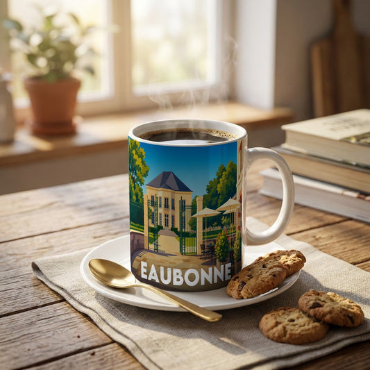Mug souvenir de la ville d'Eaubonne orné d'une illustration stylisée représentant un bâtiment historique et son jardin.
