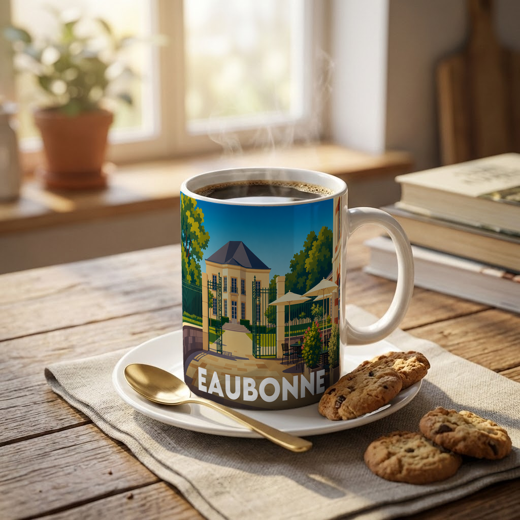 Mug souvenir de la ville d'Eaubonne orné d'une illustration stylisée représentant un bâtiment historique et son jardin.