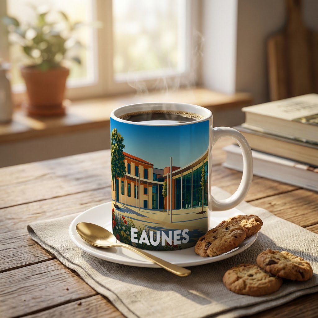 Mug souvenir de la ville d'Eaunes avec une illustration stylisée et colorée.