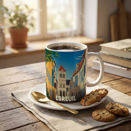 Mug souvenir de la ville d'Ébreuil orné d'une illustration stylisée de son architecture.