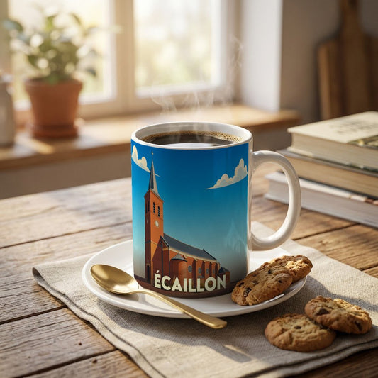 Mug souvenir de la ville d'Écaillon orné d'une illustration stylisée de son église sous un ciel bleu.
