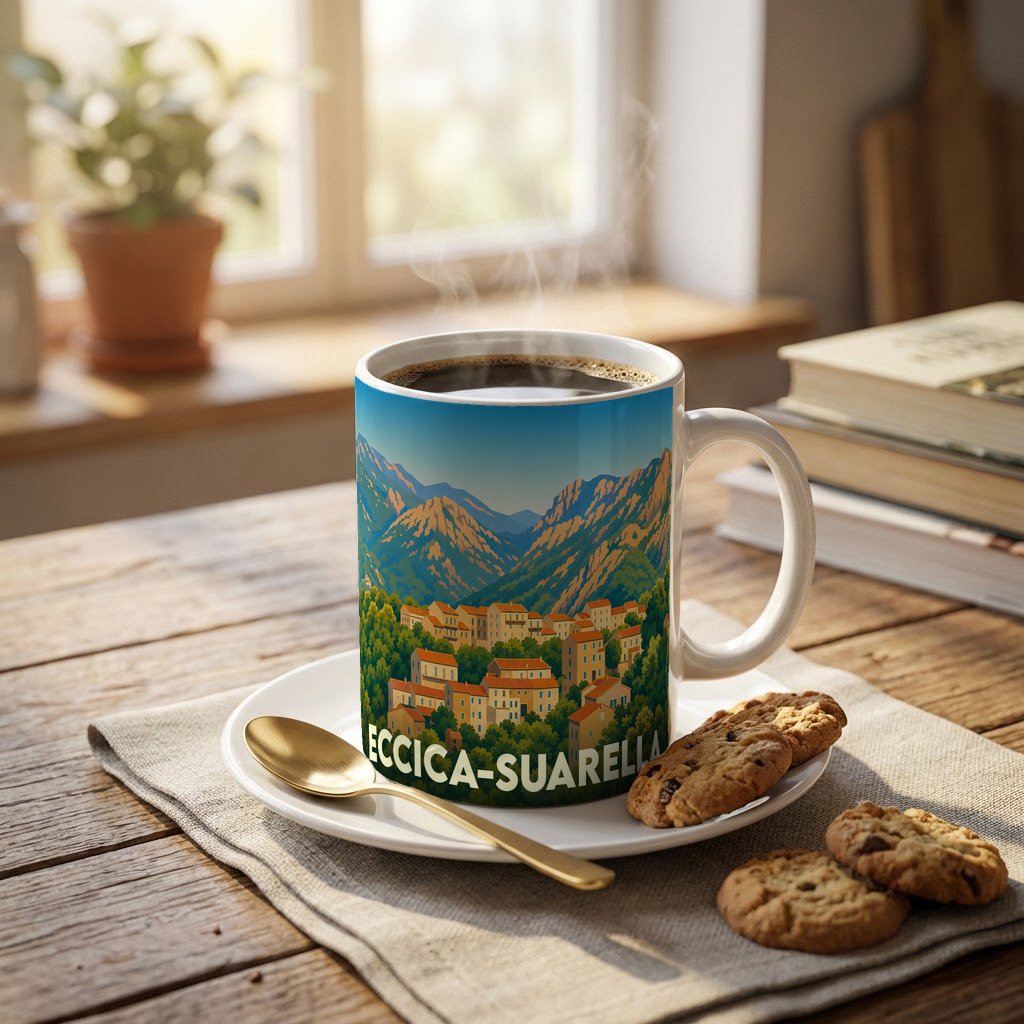 Mug souvenir de la ville d'Eccica-Suarella orné d'une illustration stylisée de ses paysages montagneux.