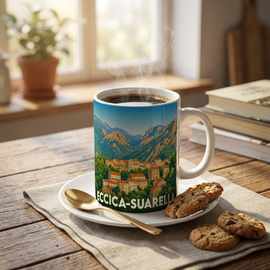 Mug souvenir de la ville d'Eccica-Suarella orné d'une illustration stylisée de ses paysages montagneux.